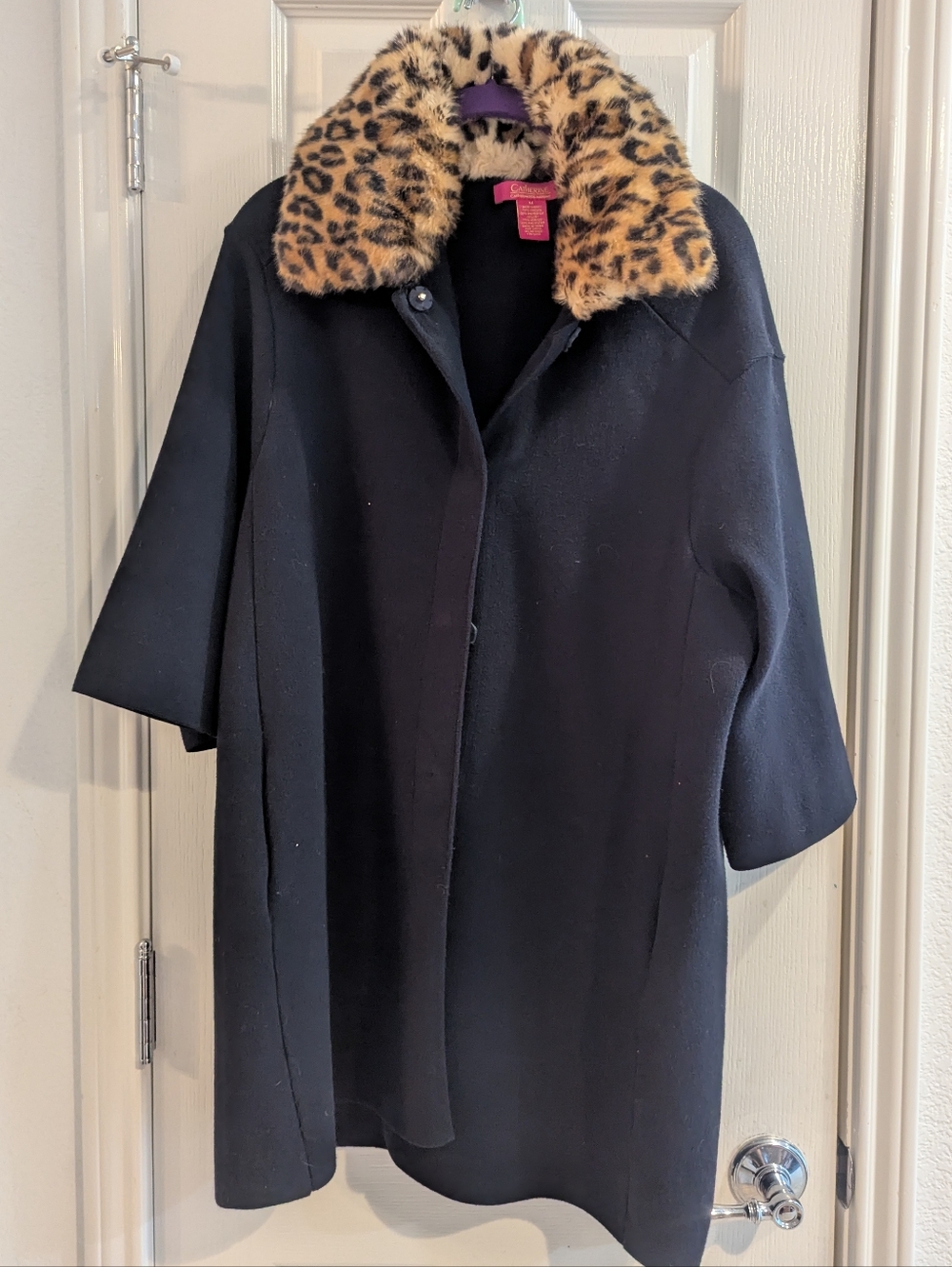 Catherine Malandrini Black Leopard Fur Trim Coat